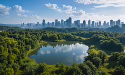 an aerial view of a lake in a park with the city skyline in the background