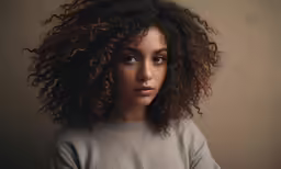 a young woman with curly hair standing next to a wall