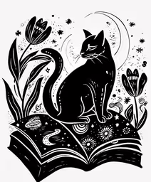 a cat is sitting on top of an open book,black cat sits on top of an open book, looking at the moon and stars