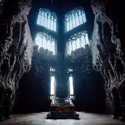 a car is parked in a dark room that looks like a portal