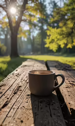 the sun shines bright on the empty cup of coffee on the wooden table