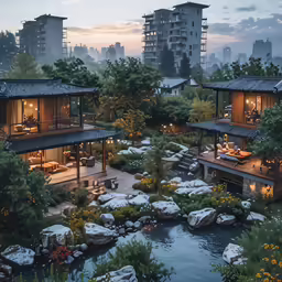 some small buildings near some water and rocks