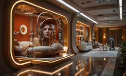 a mirror view of a woman with headphones on and a photo