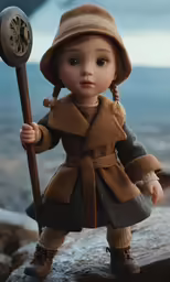 a doll holding a stick on the beach