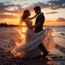 a man and woman are in love while the sun is setting