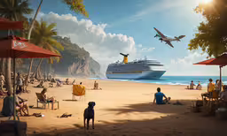 a large cruise ship on the ocean by a beach,there is an advertisement for an ocean liner