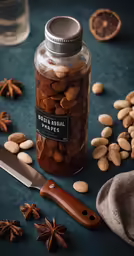a jar filled with nuts on top of a blue table