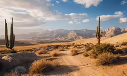 some cactus bushes in a desert under a blue sky