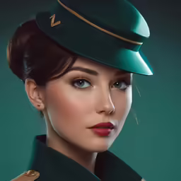 a woman in a uniform and hat, with her face slightly turned
