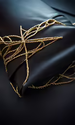 a picture of a black leather handbag with gold thread