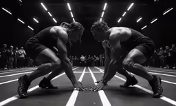 two athletes kneeling down on a track with their hands together