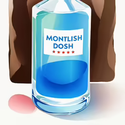 a bottle of mouthwash with soap on a counter top
