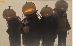 three people with pumpkin shaped heads standing in front of snow