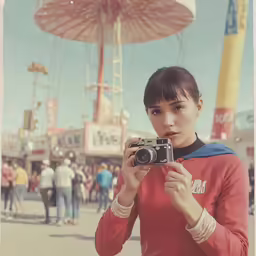 a woman holding a camera with an umbrella in the background