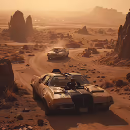 four old cars on dirt and rocks near mountains
