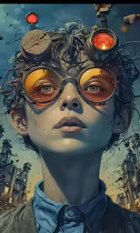 the image shows a woman with large, round glasses