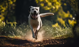 a dog is running through the dirt on a sunny day