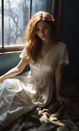 a red - headed woman sitting in front of a window