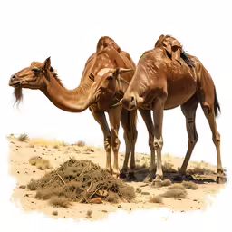 two camels eating from a pile of dry grass