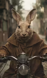 a rabbit is riding on the handlebars of a motorbike