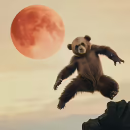 a brown bear jumping into the air over a rock