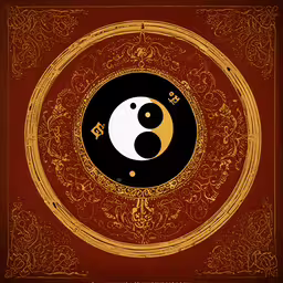 a black, yellow and red picture with a yin sign,yin yang symbol in gold and red with a floral ornament