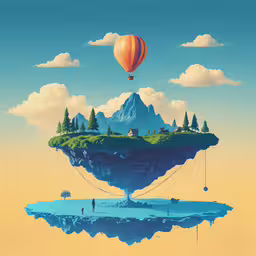 a painting of a floating island and a sky balloon,this painting looks like an island in the sky