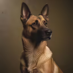 a brown german shepherd dog looks in the mirror