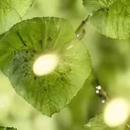 the green leaves in the water droplets on the leaves
