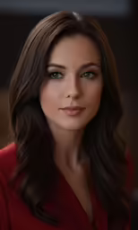 a close up of a woman wearing a red dress