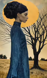 a painting of a woman in a dress and a tree