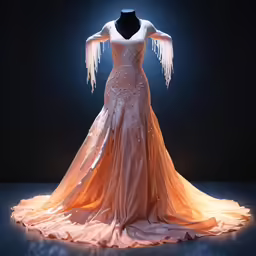 a dress on display in the center of a dark room