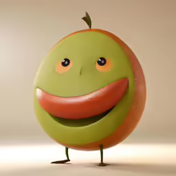 a green and orange fruit is smiling for the camera