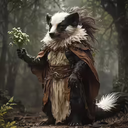 the costume of a wolf is dressed in medieval clothing and holds flowers