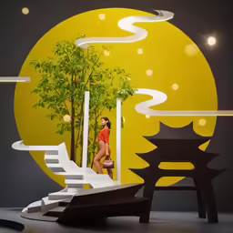 a woman walking in a room with a yellow background