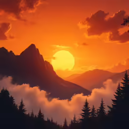 the sun rises over a forested mountain range