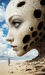 woman on the beach looking in her eye to see if she is a alien