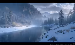 a mountain lake surrounded by trees and snow