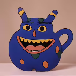 a blue jug decorated with a large face