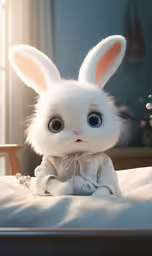 cute little white rabbit sits on bed looking at camera,white stuffed rabbit in a white outfit on a bed