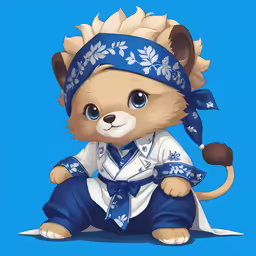 an animal with blue eyes and a hat