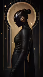 woman in black dress and helmet standing in front of gold artwork