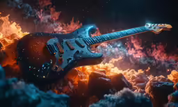 a blue electric guitar with a sparkle of paint