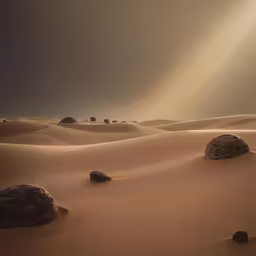 two large rocks sit in the desert under a bright sun