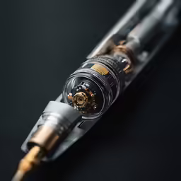 a close up of a long metallic tube with gold trim