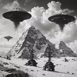 two aliens flying over snow covered mountains under a cloudy sky