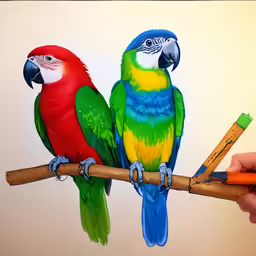 a painting of two birds perched on a branch
