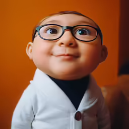 the child with glasses is posing for a photo