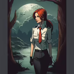 a woman in uniform standing near a tree