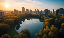 a city sits in the background and a lake sits in front